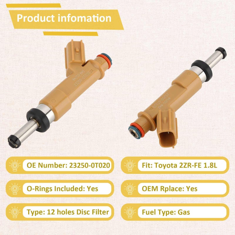 23250-0T020 حاقن الوقود عالي الأداء متوافق مع/تويوتا كورولا 1.8L 2009-2018 ماتريكس 1.8L 2009-2013 متوافق مع/Scion xD 1.8L 2008 2009 |12 فتحة| |مجموعة من 4| استبدال # 23209-09140 - Image 3